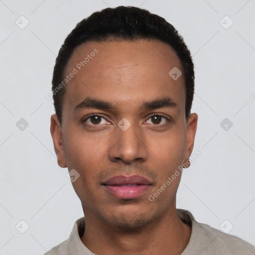 Neutral latino young-adult male with short  black hair and brown eyes