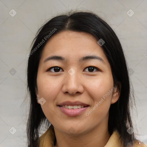 Joyful asian young-adult female with medium  black hair and brown eyes