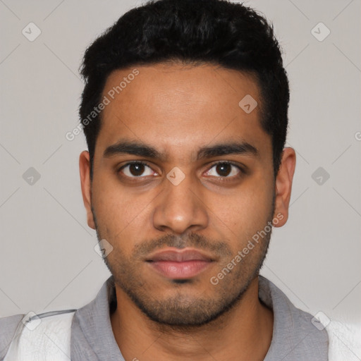 Neutral latino young-adult male with short  black hair and brown eyes