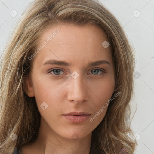 Neutral white young-adult female with long  brown hair and grey eyes