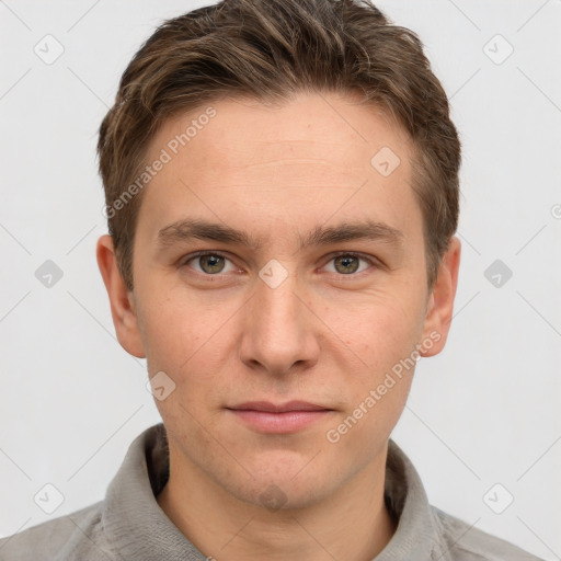 Neutral white young-adult male with short  brown hair and grey eyes