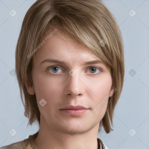 Neutral white young-adult female with medium  brown hair and grey eyes