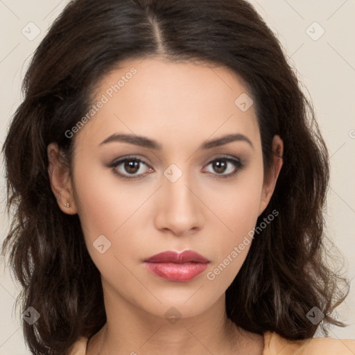 Neutral white young-adult female with long  brown hair and brown eyes