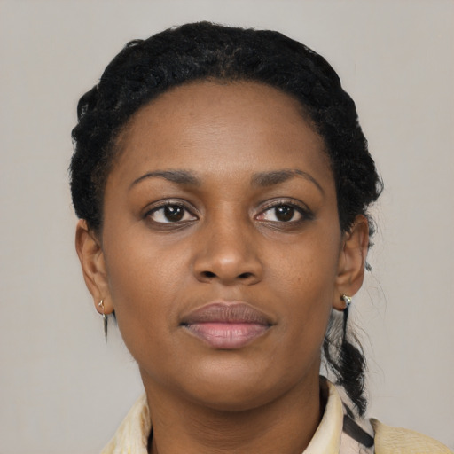 Neutral black young-adult female with short  black hair and brown eyes