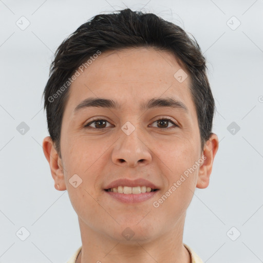 Joyful white young-adult male with short  brown hair and brown eyes