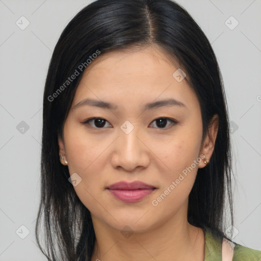 Joyful asian young-adult female with medium  black hair and brown eyes