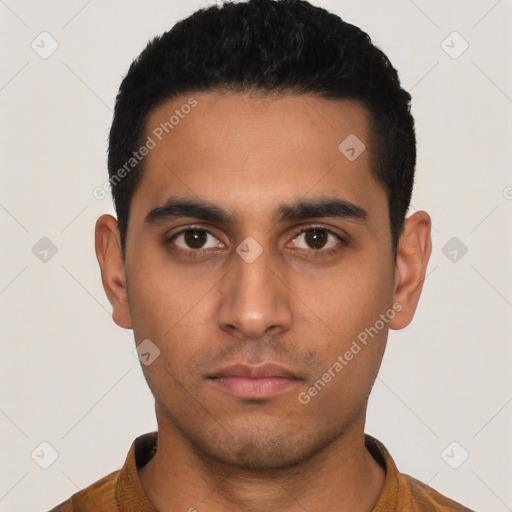 Neutral latino young-adult male with short  black hair and brown eyes