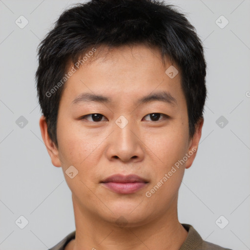 Neutral asian young-adult male with short  brown hair and brown eyes