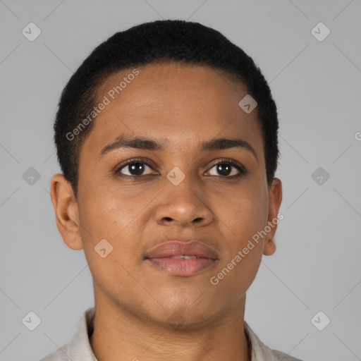 Joyful black young-adult male with short  brown hair and brown eyes
