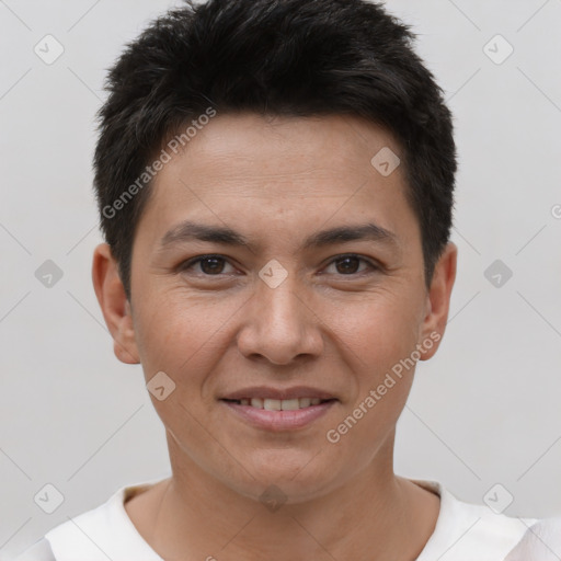 Joyful white young-adult male with short  black hair and brown eyes