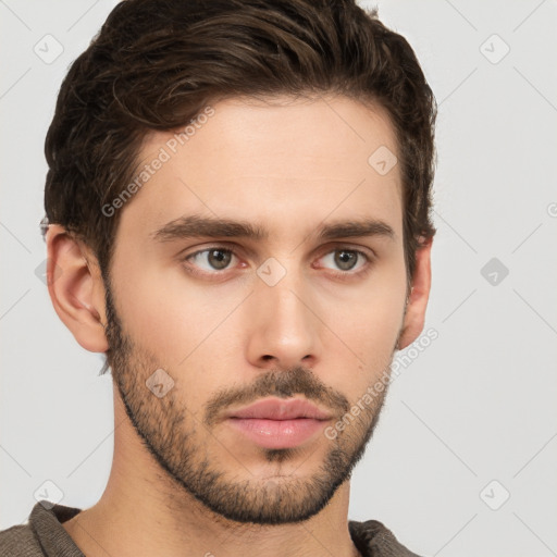 Neutral white young-adult male with short  brown hair and brown eyes