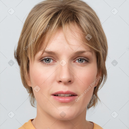 Neutral white young-adult female with medium  brown hair and grey eyes