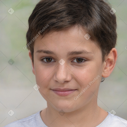 Joyful white child male with short  brown hair and brown eyes