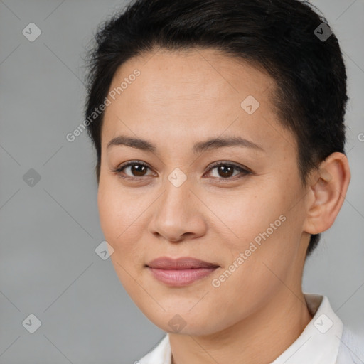 Joyful white young-adult female with short  brown hair and brown eyes