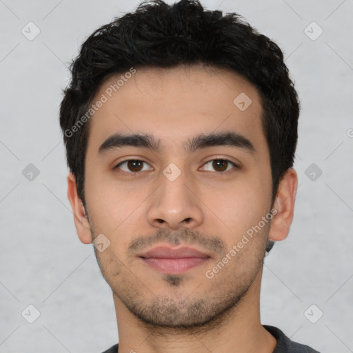 Neutral latino young-adult male with short  black hair and brown eyes