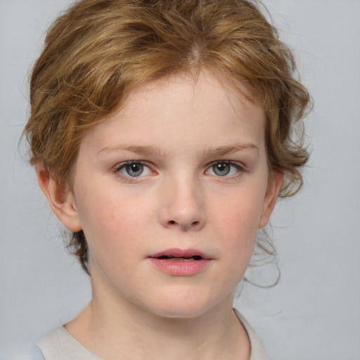 Neutral white child female with medium  brown hair and blue eyes