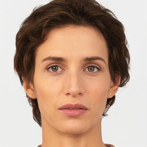 Neutral white young-adult female with short  brown hair and brown eyes