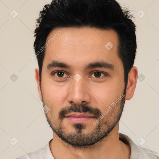 Neutral asian young-adult male with short  black hair and brown eyes