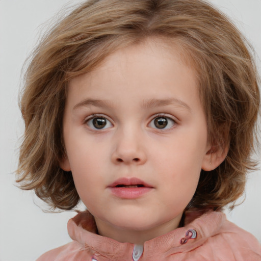 Neutral white child female with medium  brown hair and blue eyes