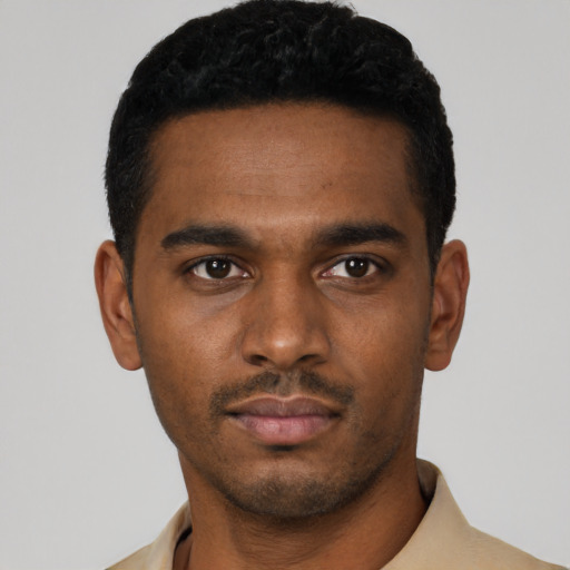 Neutral black young-adult male with short  black hair and brown eyes