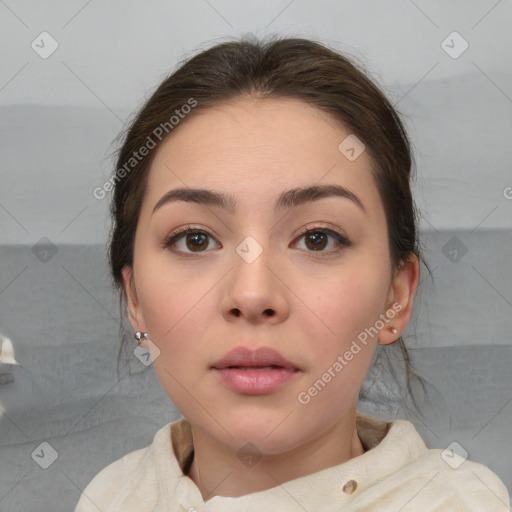 Neutral white young-adult female with medium  brown hair and brown eyes