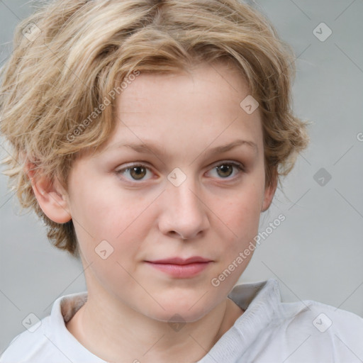 Joyful white child female with medium  brown hair and blue eyes