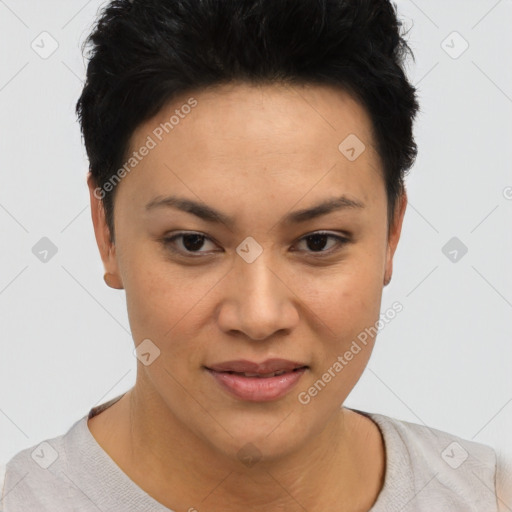 Joyful asian young-adult female with short  brown hair and brown eyes