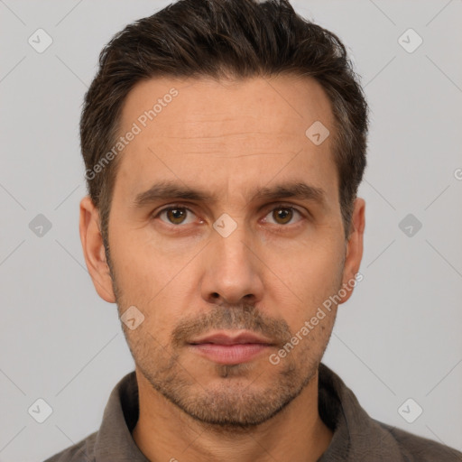 Neutral white adult male with short  brown hair and brown eyes