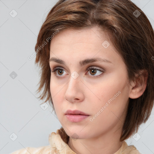 Neutral white young-adult female with medium  brown hair and brown eyes