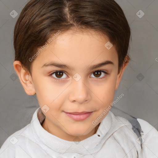 Joyful white child female with short  brown hair and brown eyes