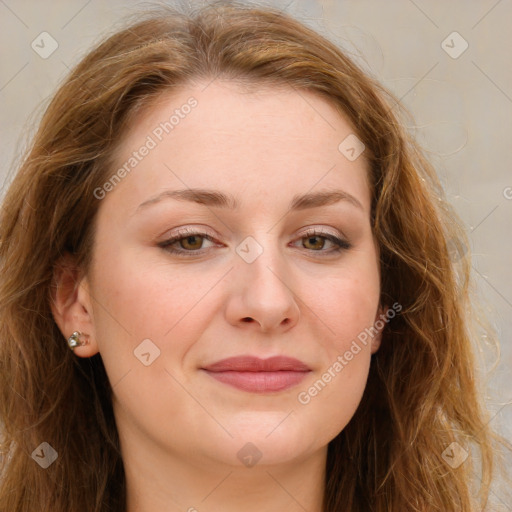 Joyful white young-adult female with long  brown hair and green eyes