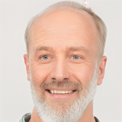 Joyful white middle-aged male with short  brown hair and brown eyes