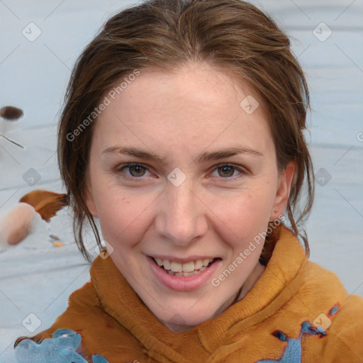 Joyful white young-adult female with medium  brown hair and blue eyes