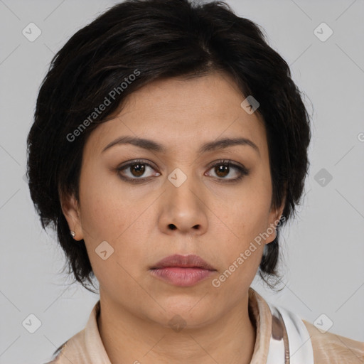 Neutral asian young-adult female with medium  brown hair and brown eyes