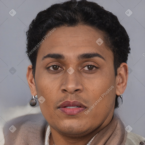 Neutral latino young-adult male with short  brown hair and brown eyes