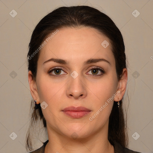 Neutral white young-adult female with long  brown hair and brown eyes