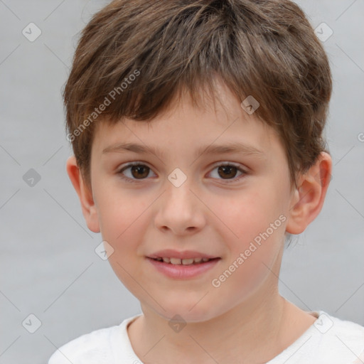 Joyful white child male with short  brown hair and brown eyes