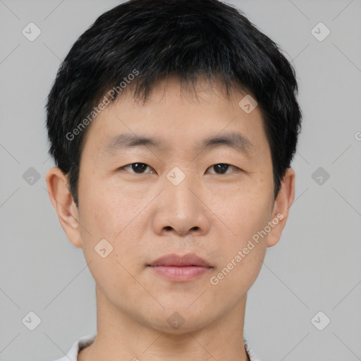 Neutral asian young-adult male with short  black hair and brown eyes