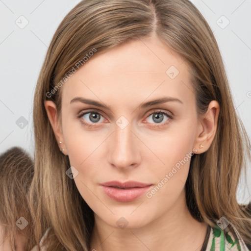 Neutral white young-adult female with long  brown hair and grey eyes