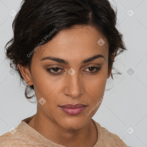 Joyful latino young-adult female with short  brown hair and brown eyes