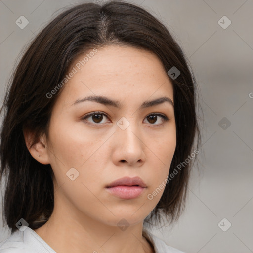 Neutral white young-adult female with medium  brown hair and brown eyes