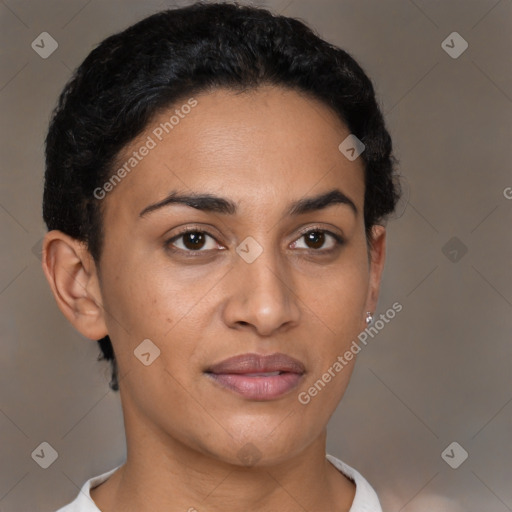 Joyful latino young-adult female with short  brown hair and brown eyes