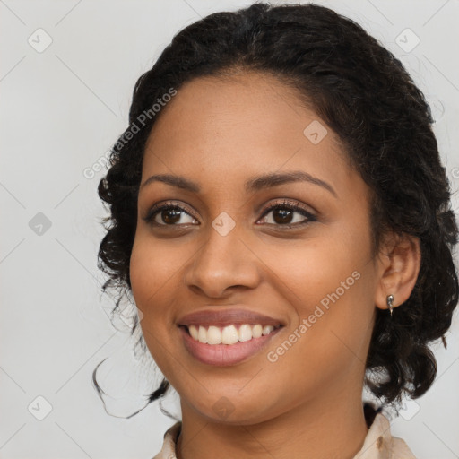 Joyful latino young-adult female with long  brown hair and brown eyes