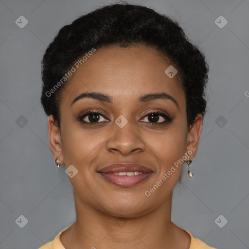 Joyful latino young-adult female with short  brown hair and brown eyes