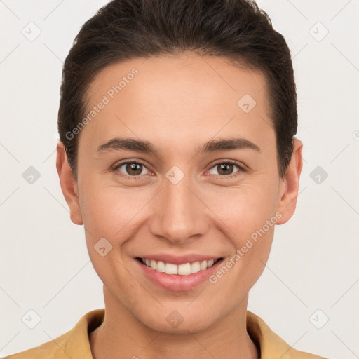 Joyful white young-adult female with short  brown hair and brown eyes