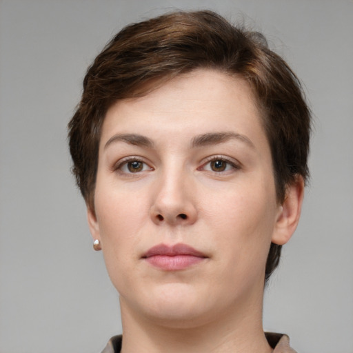 Neutral white young-adult female with short  brown hair and brown eyes