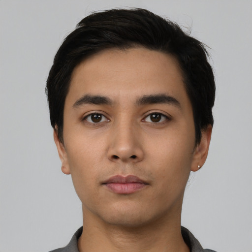 Neutral asian young-adult male with short  black hair and brown eyes