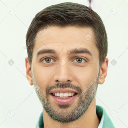 Joyful white young-adult male with short  brown hair and brown eyes