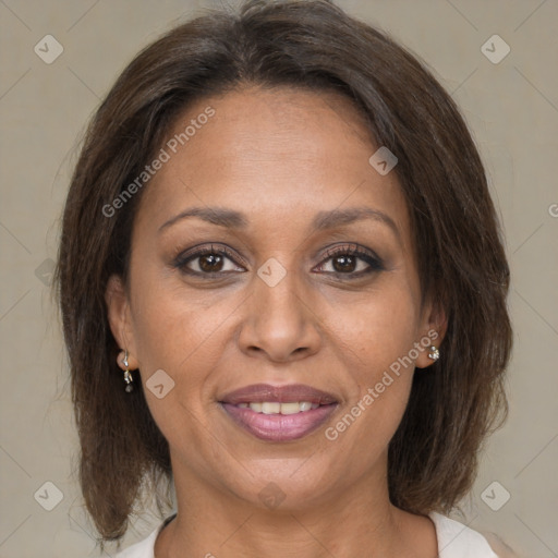 Joyful white adult female with medium  brown hair and brown eyes