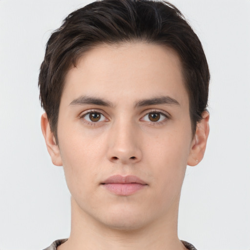 Neutral white young-adult male with short  brown hair and brown eyes